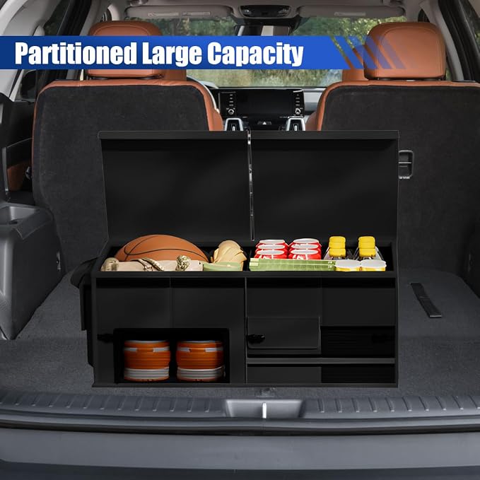 Car Trunk Organizer, Collapsible Multi Compartment Cargo Storage Box with Lid & Reinforced Handles, Adjustable Waterproof Vehicle Storage Organizer Accessories for Car SUV Truck (Black)