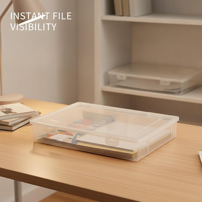 Low-Profile Rectangular File Box with Handle, Transparent PP Plastic Document Organizer for Desktop Storage