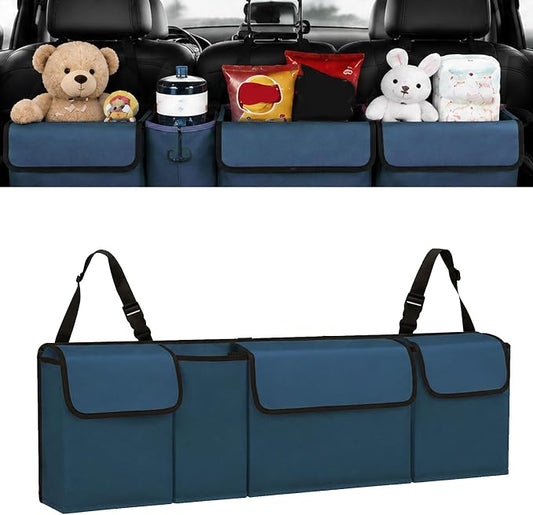 Car Trunk Organizer – Backseat Hanging Large Storage Bag with Adjustable Straps, Waterproof Collapsible Cargo Organizer with 4 Pockets, Space-Saving Trunk Storage for SUV Truck MPV (Blue)