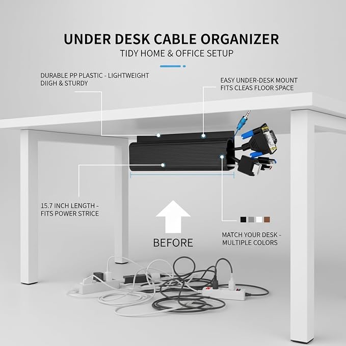 Under Desk Cable Management Tray, 15.7 Inch PP Plastic Cord Organizer for Power Strips and Wires, Mountable Raceway for Home Office and Gaming Setup