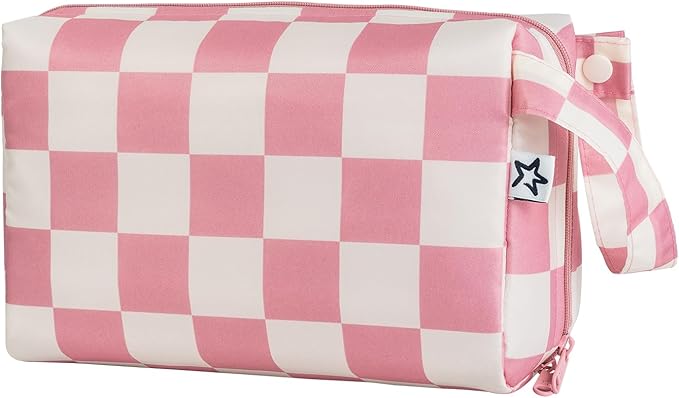 Tiny Twinkle Waterproof Travel Toiletry & Makeup Bag Organizer | Makeup Pouch with Multiple Compartments & Snap Handle for Travel | Gift for Teen Girls and Women（Pink Checkers