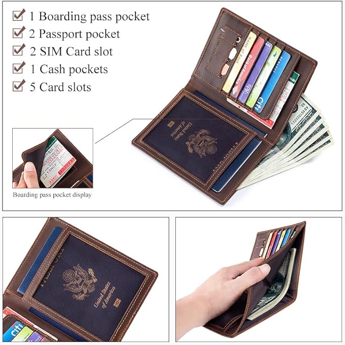 Leather Passport Holder for Travel Men Bifold Slim RFID Blocking with 2 Passport Slots, 1 Cash Pocket, 5 Card Slots