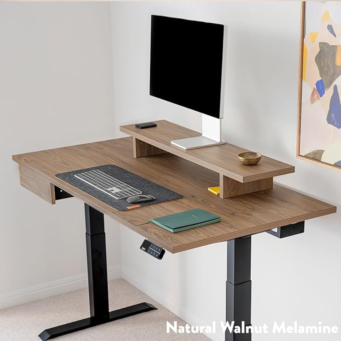 Desky Minimal Monitor Stand – Ergonomic Wood Riser for Single or Dual Monitors, Desk Shelf Organizer to Elevate Screen Height – Dark Walnut Rubberwood
