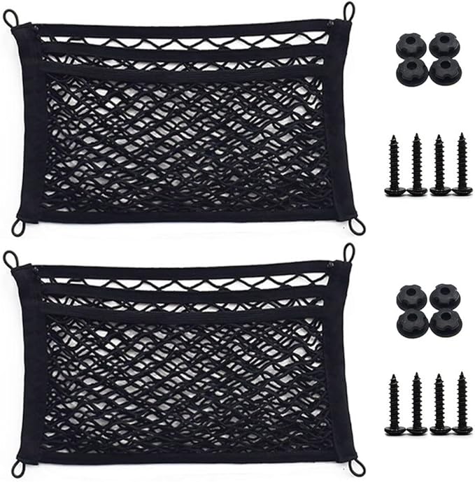 [2 Pack] Upgrade 3-Layer Small Cargo Net for Trunk RV Boats Home Storage Stretchable Mesh Pocket Net with 4 Mounting Screw and Built-in Hooks 18 x 9.8 inch