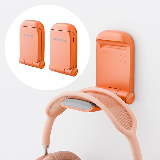 MAMUVIMO Headphone Stand, 2 Pack Headset Stand Foldable＆Sticky, Headphone Holder Hook Mount with Non-Slip Silicone, Adhesive Earphone Desk Hanger Clip Space-Saving for Airpods Max All Earphones Orange