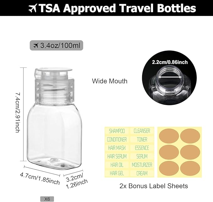 Travel Bottles for Toiletries 6 Pack 2oz/60ml Leak Proof Travel Size Toiletries TSA Approved Squeeze Bottles with Flip Cap Wide Mouth Containers for Shampoo Conditioner Body Wash(Clear)