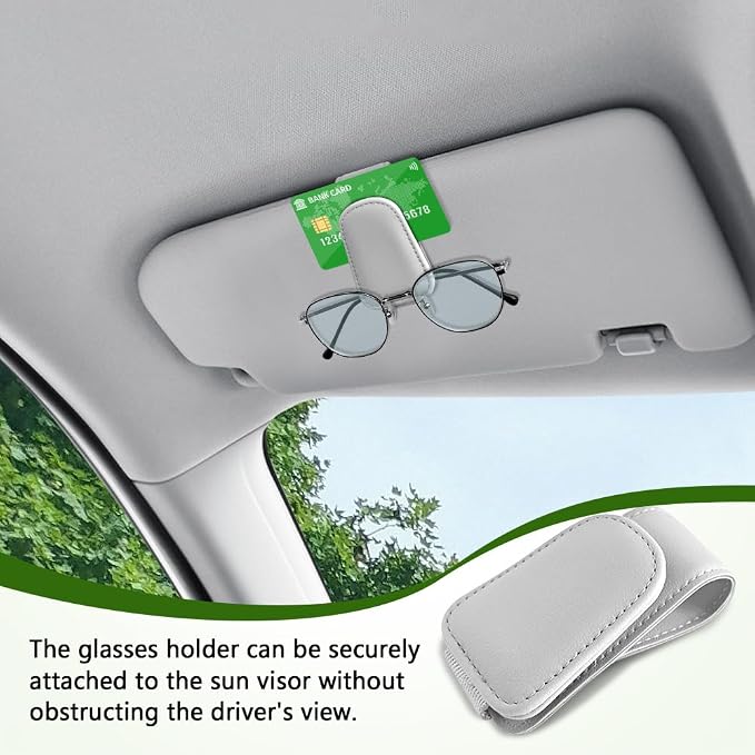 Sunglass Holder for Car, Sunglasses Clip for Car Visor, Magnetic Leather Vehicle Eyeglass Hanger Clip, Auto Ticket Card Glasses Organizer Clamp Accessories for SUV Sedan (White)