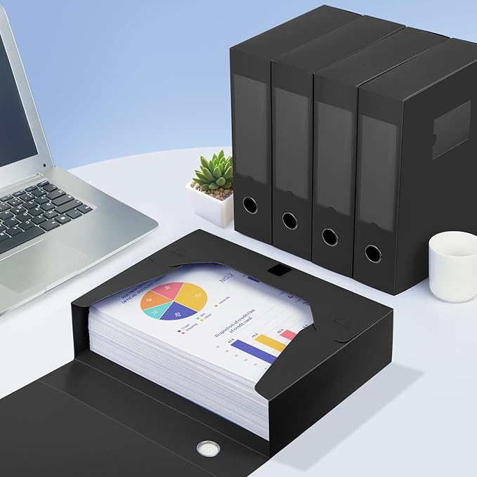 HUA JIE A4 Storage File Boxes Plastic Archives Cases with Lid, File Folder Organizer Document Filing Box for office,31×7.5×23.5 cm, Black(Pack of 8)