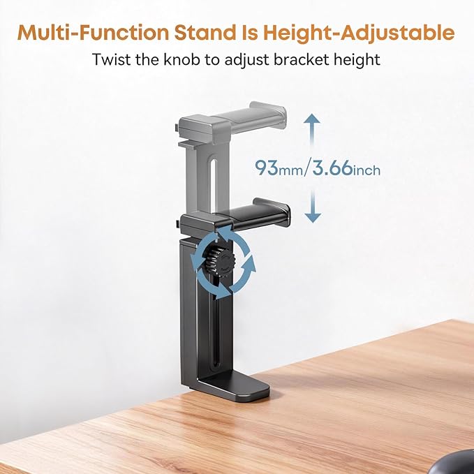 Headphone Stand & Hanger for Desk, 2 in 1 Above & Under Desk Gaming Headset Holder Mount with Height Adjustable & Rotating Clamp, Dual-sided Anti-slip Pad, Earphone Rack with Cable Clip, 1 Hooks