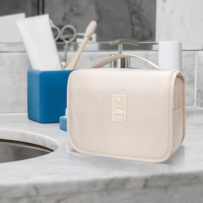 Large Capacity Toiletry Bag Travel Bag with Hanging Hook for Men and Women Waterproof Travel Cosmetic Bag Bathroom Storage Bag for Brushes Set, Full-Sized Shampoo,Accessories(Beige)