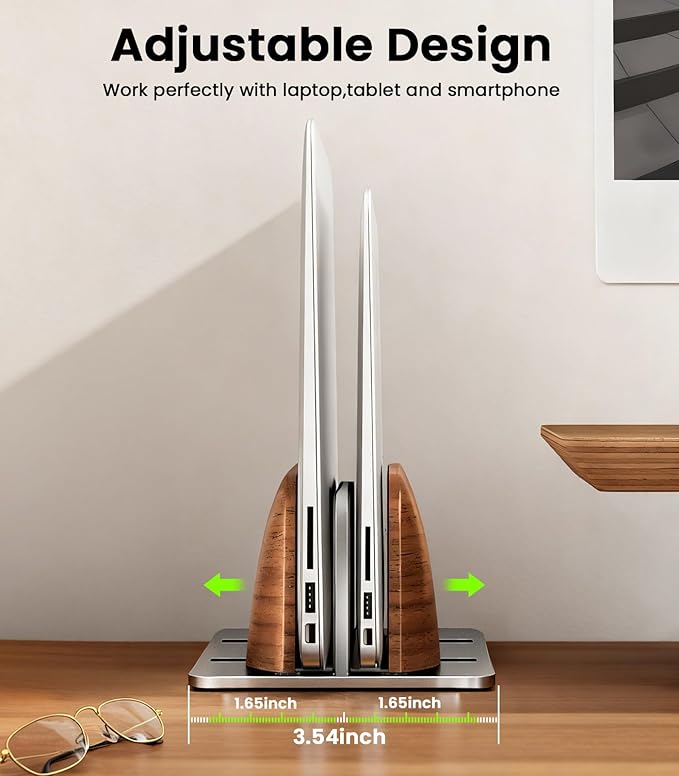 Vertical Laptop Stand, [Dual Slot Wooden + Aluminum Laptop Holder], Desktop Adjustable MacBook Stand, Adjustable Base, for MacBook Pro/Air, (up to 17.3-inch All laptops)