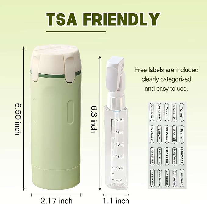 4 in 1 Travel Dispenser, 4 Pack 30ML Travel Bottles with Measurement Scale & Label Stickers for Toiletries, Leak Proof Dispenser Bottle Containers for Shampoo Lotion Conditioner Cream (Green+White)