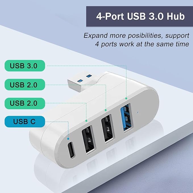 VIENON 4-Port USB 3.0 Hub [90/180 Rotatable], USB Splitter with 3 USB Ports & 1 USB C Power/Data Port, USB Extender for Laptops, Cars, iMac, MacBook Air, MacBook Pro