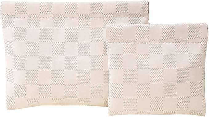 LYDZTION 2 Pieces Checkered Leather Makeup Bag Set for Women, Portable Cosmetic Bag Travel Toiletry Bag Organizer Waterproof Small Makeup Bag Aesthetic Accessories Storage Bag for Women-White