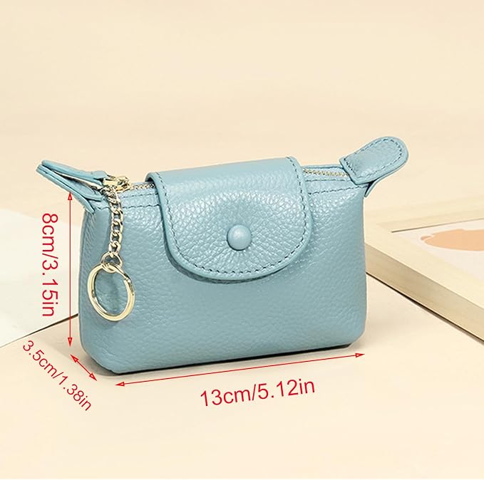 Women's Genuine Leather Mini Coin Purse and Wrist Bag - Coin Organizer, Change Holder, Card Case, Zipper Storage Bag in Water Blue