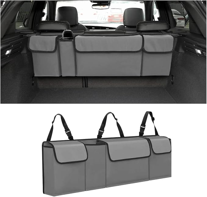 AUCELI Car Trunk Organizer, Backseat Hanging Large Storage with Adjustable Straps, Waterproof Collapsible Cargo Bag with 4 Pockets, Sturdy Space Saver Frees Trunk Floor for SUV, Truck, MPV