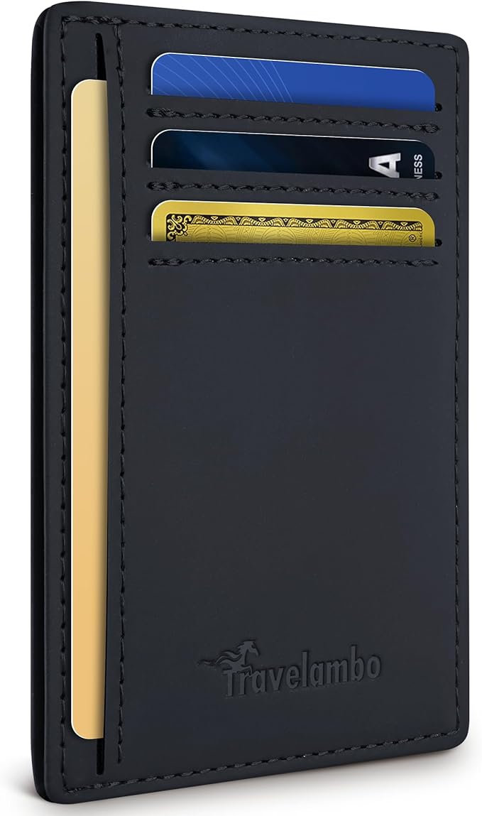 Travelambo Slim Wallet Front Pocket Minimalist Leather RFID Blocking Medium Size(Edge-Finished Black)