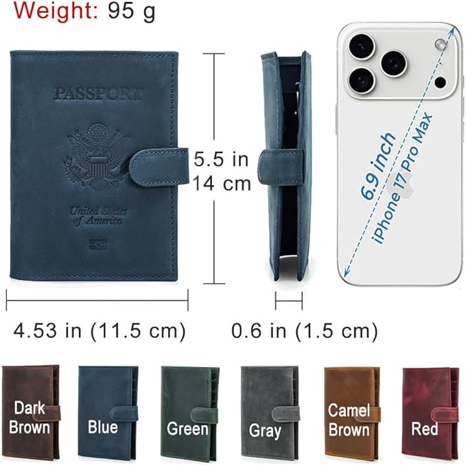 CONTACTS Full Grain Leather Passport Holder Compatible with Airtag RFID Blocking Passport Wallet Travel Slim Passport Cover with SIM Card Removal Tool (Bagde, Blue)