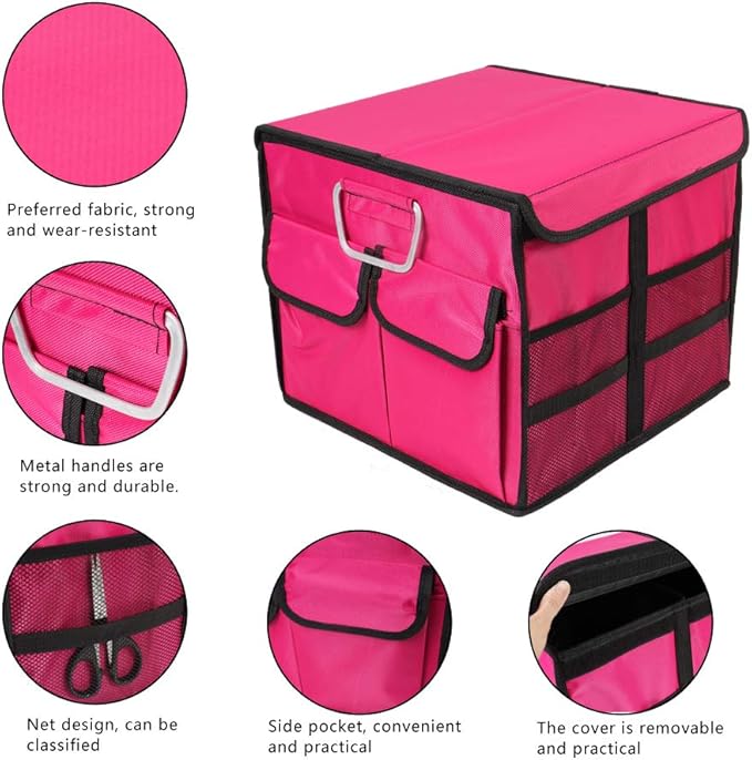 Car Trunk Organizer Collapsible Portable Multi Compartments Organizer with Non Slip Straps for SUV Truck Auto Vehicle Car Auto Minivan (Small covered, Rose red)