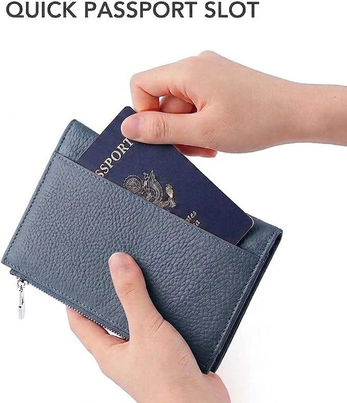 Genuine Leather Passport Holder for Women, RFID Blocking Compact Travel Wallet with Card Slots, Zipper Coin Pocket and SIM Slots, Slim Passport Cover Case, Blue