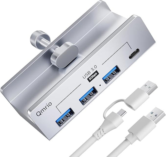 USB Hub 3.0, 5Gbps Clamp USB Hub for Desk/Monitors with Extra Power Supply Port, 3 USB-A Data Ports, USB-C Data Port for iMac Pro/iMac (Silver)