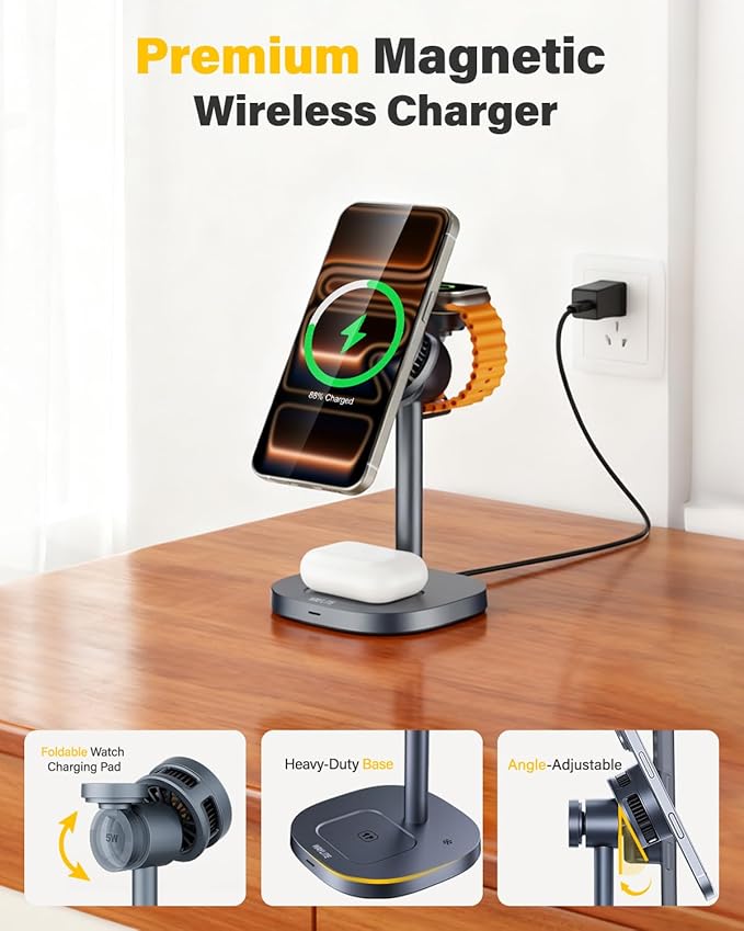 25W Fast Wireless Charger Stand for Apple MagSafe Charger, 3 in 1 Charging Station with TEC Cooling, Magnetic Wireless Charger for iPhone17/16/15/14/13/12, Apple Watch, AirPods, Gifts for Men