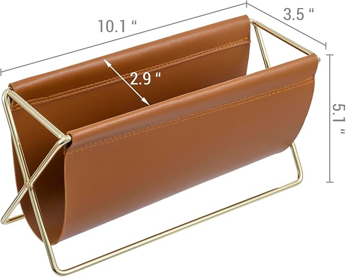 MyGift 10 Inch Mid Century Caramel Leatherette Mail Sorter Letter Holder Rack with Brass Tone Metal Frame, Faux Leather Sling Style Office Desk Card Envelope Organizer Stand