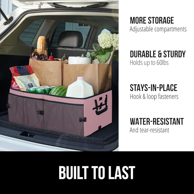 GORILLA GRIP Large Capacity Sturdy Trunk Storage Organizer, Slip and Water Resistant Collapsible Organization Container for Car Sedan or SUV, Multi Compartment Box Vehicle Accessories, Pink