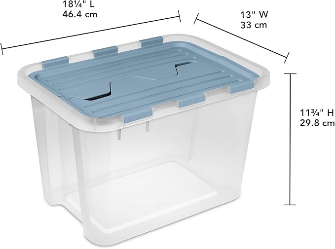 Sterilite 6 Pack Hinged Lid Storage Box, 30 Qt Plastic Container, Washed Blue - Home Organizer Tote for Storing Shoes, Crafts, Clothing, or Decor