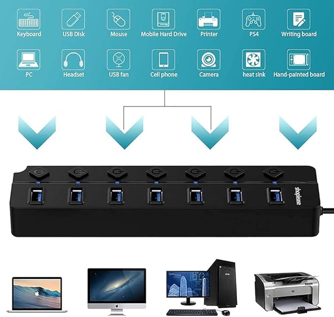 7-Port USB 3.0 Hub with Individual Power Switches and LED Lights, High-Speed Data Hub Splitter Portable USB Extension Hub for PC Laptop and More (No Power Adapter)