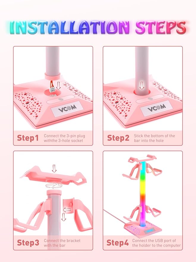 VCOM RGB Gaming Headphones Stand with 2 USB Ports, Pink Headset Stand with 10 Light Modes and Non-Slip Rubber, Suitable for PC Desk Accessories Gamers Gift(Pink)