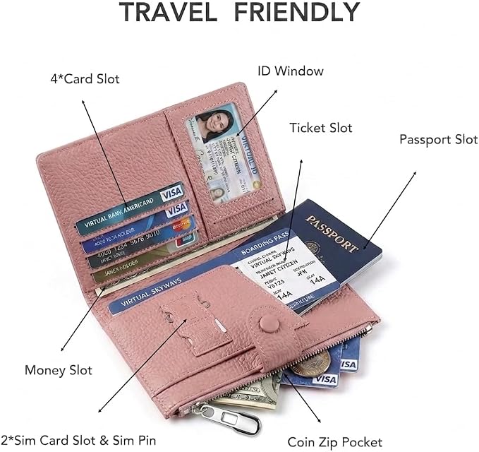 Gyanm Genuine Leather RFID Blocking Passport Holder for Women, Slim Travel Wallet with Zipper Coin Pocket, Card Slots and SIM Slots, Compact Passport Cover Case, Pink