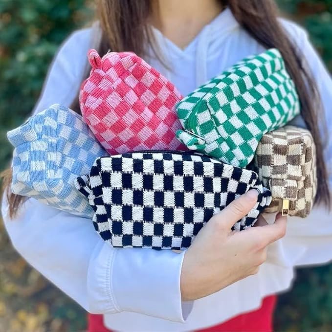 HERGÉ Checkered Makeup Bags, Small Cosmetic Pouches with Zipper, Travel Storage Cases, 6 Pack