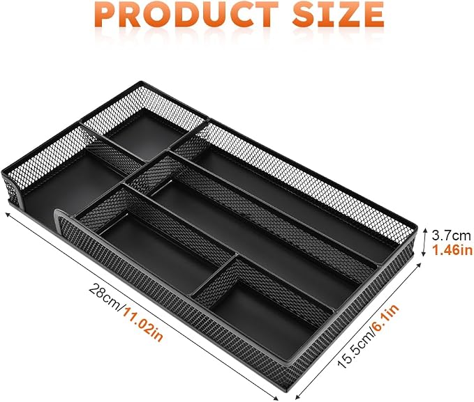 Desk Drawer Organizer Tray,11.02 x 6.1 x 1.46inch 6 Compartments Metal Mesh Dividers,Desk Organizers Storage Tray for Pens Organizer,for Desk Drawer Tray Box Accessories