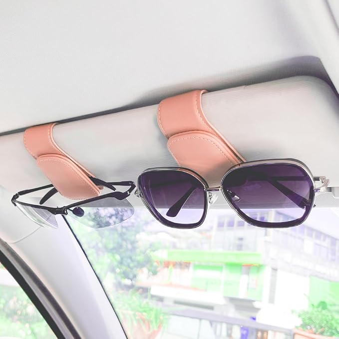 2Pcs Sunglass Holder for Car, Magnetic Leather Eyeglass Hanger Clip for Car Sun Visor, Sunglasses Holder and Ticket Card Clip for Car Visor Accessories (Pink)