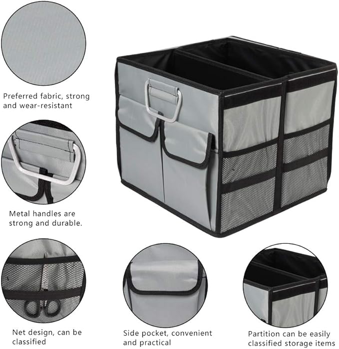 Car Trunk Organizer Collapsible Portable Multi Compartments Organizer with Non Slip Straps for SUV Truck Auto Vehicle Car Auto Minivan (Small without cover, Space gray)