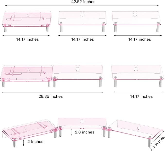 RQUOIRE Ergonomic Pink Acrylic Dual Monitor Stand with Adjustable Laptop Riser, Compatible with Desktop, Printer, TV and More Devices,monitor riser holder suitable for 2 monitors