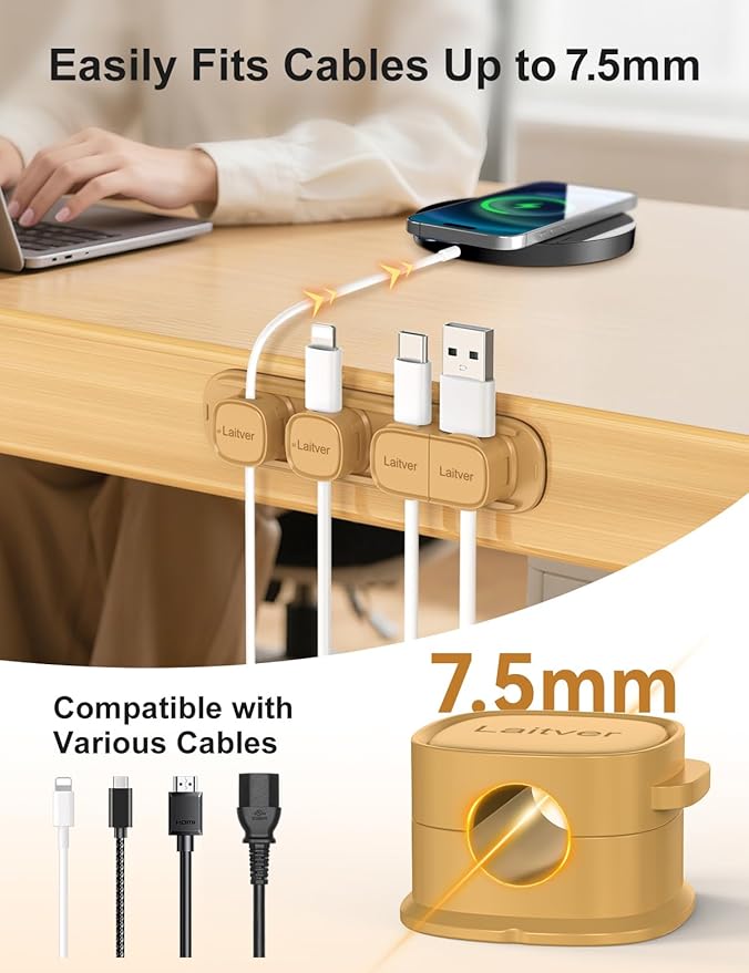 6 Pack Magnetic Cable Clips [1s Open/Lock], Laitver Cord Organizer Holder Strong Adhesive Desk Cable Management- Organize Charging Cords Neatly for Home, Office, Car,Desk, Nightstand-Milk Coffee