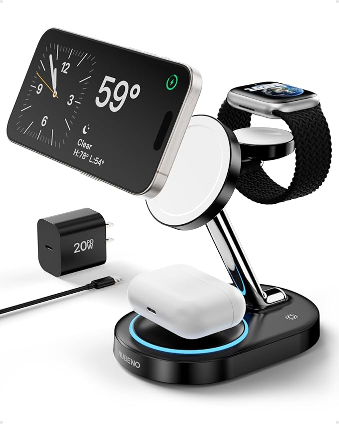 Fast Charging Station for Magsafe Apple Devices, Wireless Charger Station for MagSafe iPhones, 3 in 1 Magnetic Charger Stand for iPhone 17/16/15/14/13/12, Apple Watch & AirPods(Blk)