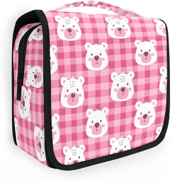 senya Hanging Travel Toiletry Bag Cute Kit Makeup Case Cosmetics Organizer for Men Women (Pink Checkered Bear's Face)