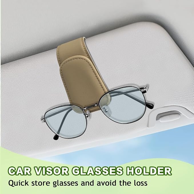 Sunglass Holder for Car, Sunglasses Clip for Car Visor, Magnetic Leather Vehicle Eyeglass Hanger Clip, Auto Ticket Card Glasses Organizer Clamp Accessories for SUV Sedan (Beige)