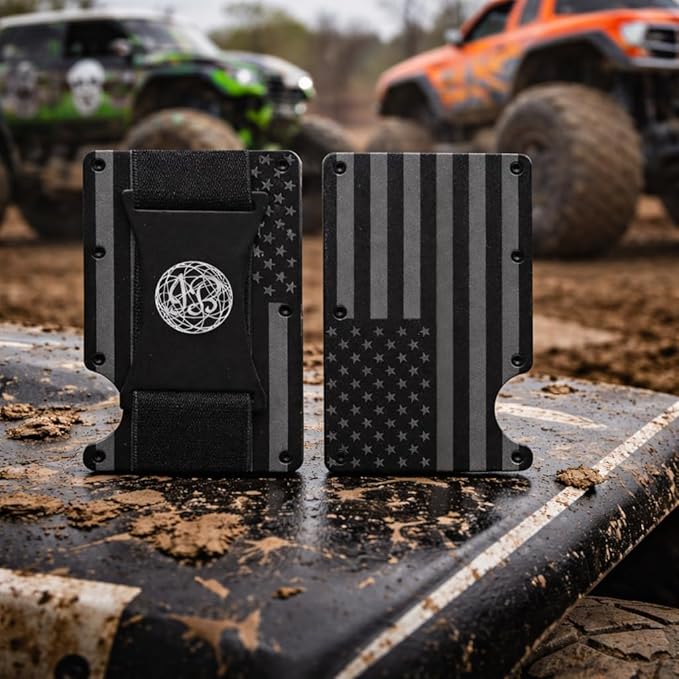 Black & Gray American Flag Engraved, Minimalist Wallet, RFID Blocking Aluminum Slim Wallet (Gray Strap with 3 V.Band)