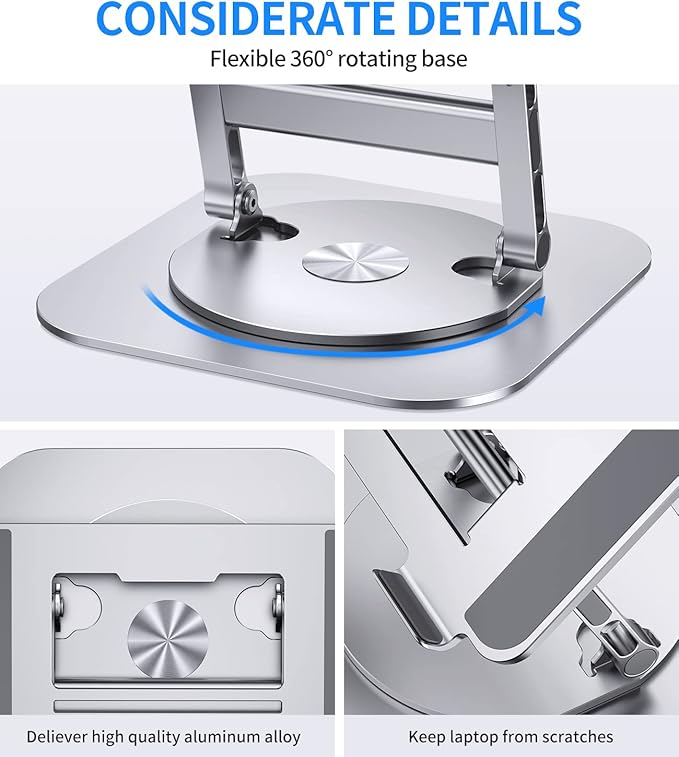AOEVI Adjustable Laptop Stand with 360 Rotating Base, Stable Computer Stand for Laptop Ergonimic Foldable Laptop Riser for Desk Compatible with MacBook Pro/Air Notebook up to 16 Inches, Silver