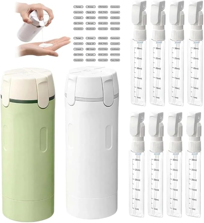 4-in-1 Travel Dispenser Bottles Set, 30ml Leak-Proof Portable Containers for Shampoo, Lotion, Conditioner, Cream, (White+Green)