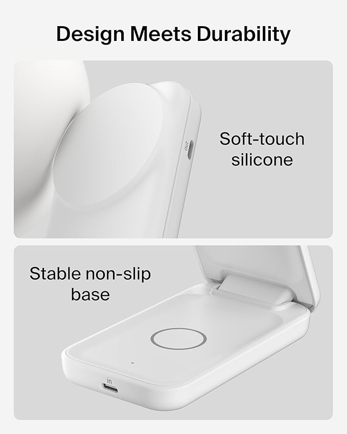 Belkin MagSafe Charger, Compatible 2-in-1 Charging Station, Qi2.2 25W Magnetic Wireless Charger iPhone, Foldable Stand, with 5W USB-C Port, for iPhone 17/16/15, Pixel 10, AirPods, 45W Adapter Included