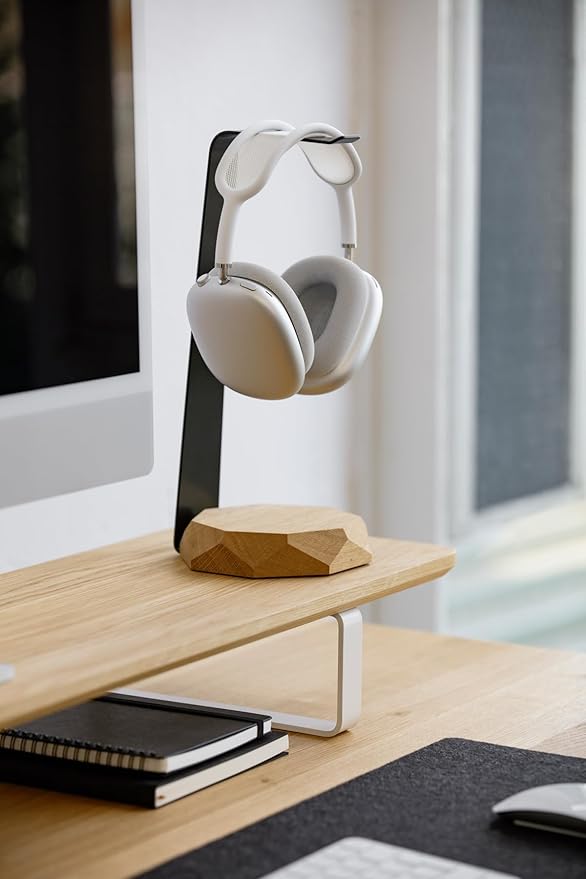 Oakywood 2-in-1 Wooden Headphone Stand with Wireless Charging - Wood Headphone Holder ??Stainless-Steel Base ??Handcrafted Headphones Stand for Desk - Qi-Compatible Wireless Charging ??Oak