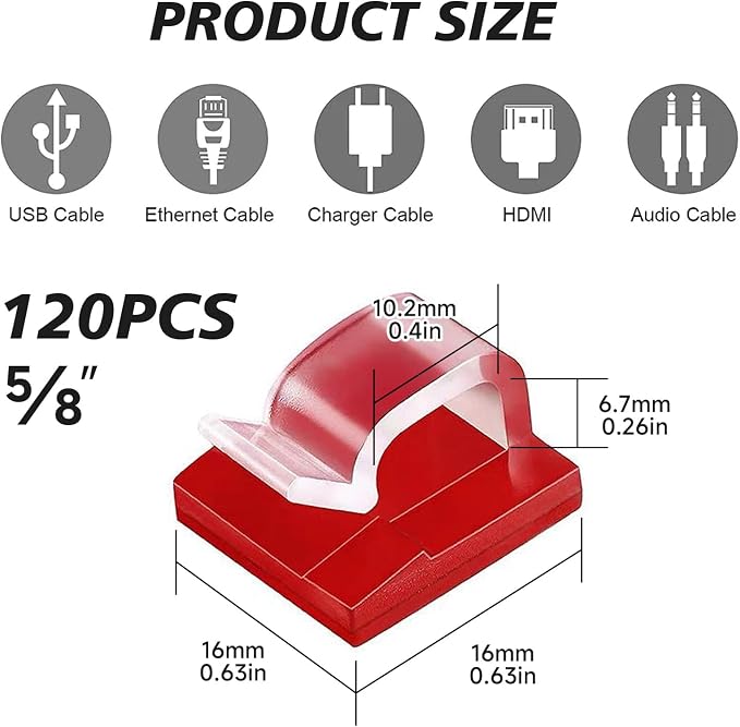 5/8 in Adhesive Cable Clips, 120pcs Outdoor Light Clips, Cord Clips, Sturdy Wire Clips, Finisher Wire Clamp for Home, Car, Office Wire Management Clips (Clear, 5/8"-120PCS)