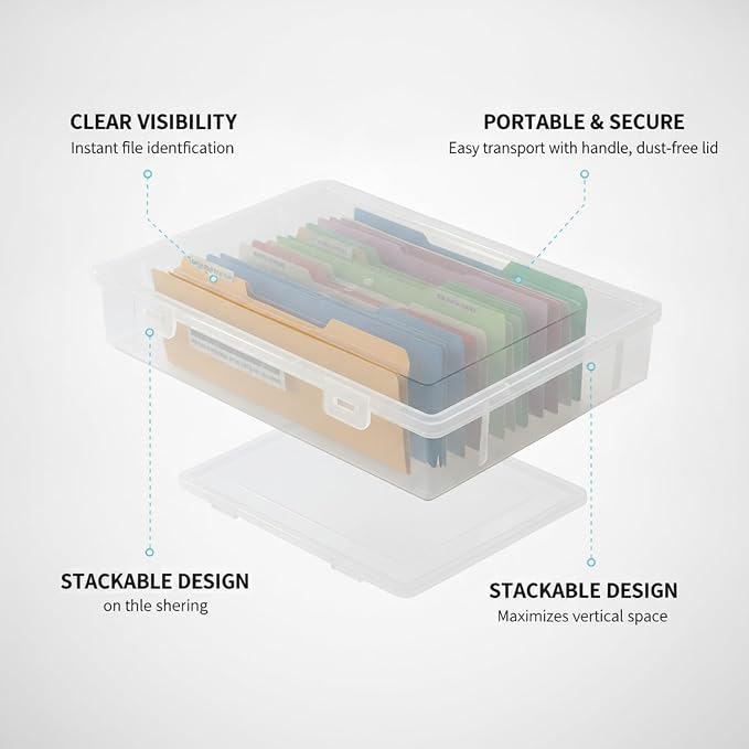 Low-Profile Rectangular File Box with Handle, Transparent PP Plastic Document Organizer for Desktop Storage