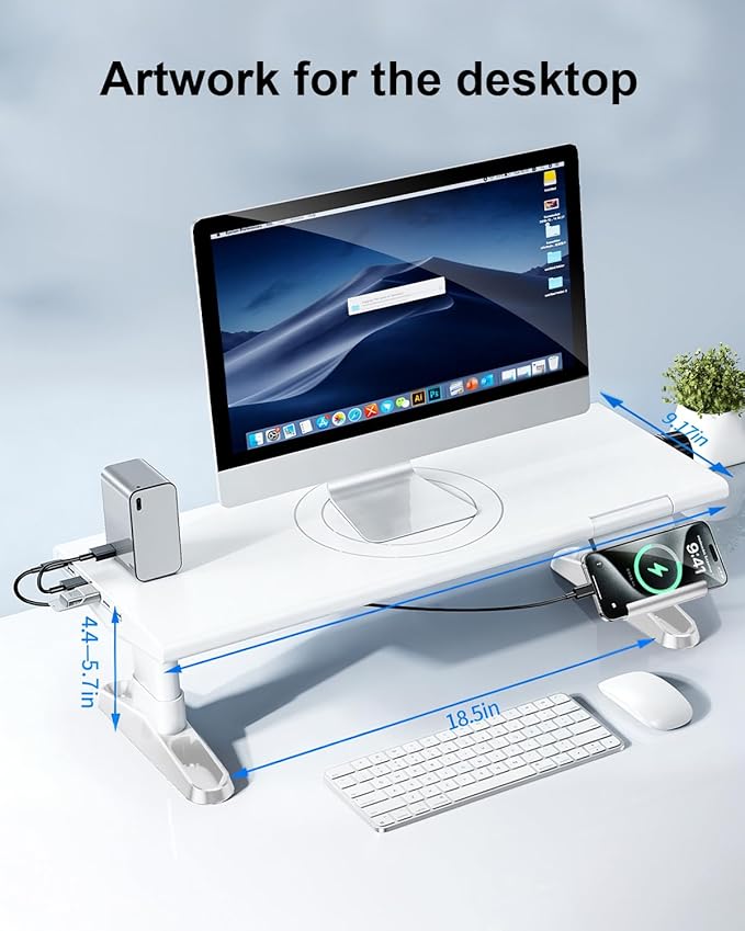 Computer Monitor Stand Riser for Desk with Usb Hub Charging,30W/5Gbps Usb C Docking Station with Power,4.4-5.7'' Height Adjustable with Phone Holder,Monitor Stands Riser for PC,Laptop,Printer(White)