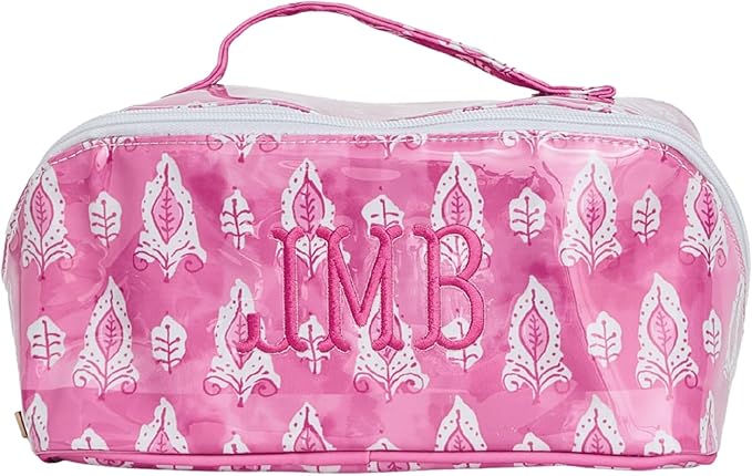 Personalized Flat Lay Makeup Bag - Clear-Coated Embroidered Cosmetic Organizer, Monogrammed Wide-Open Travel Pouch with Easy-Access Interior, Handmade Gift for Women (Pink Lotus)